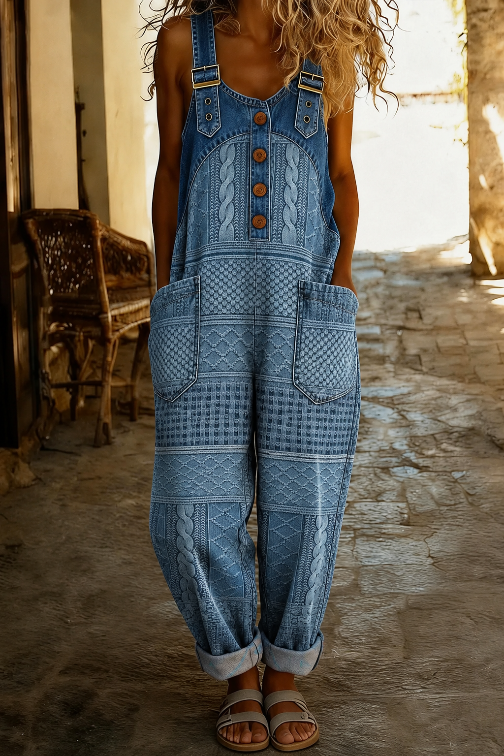 Women's Casual Sleeveless Denim Patchwork Jumpsuit